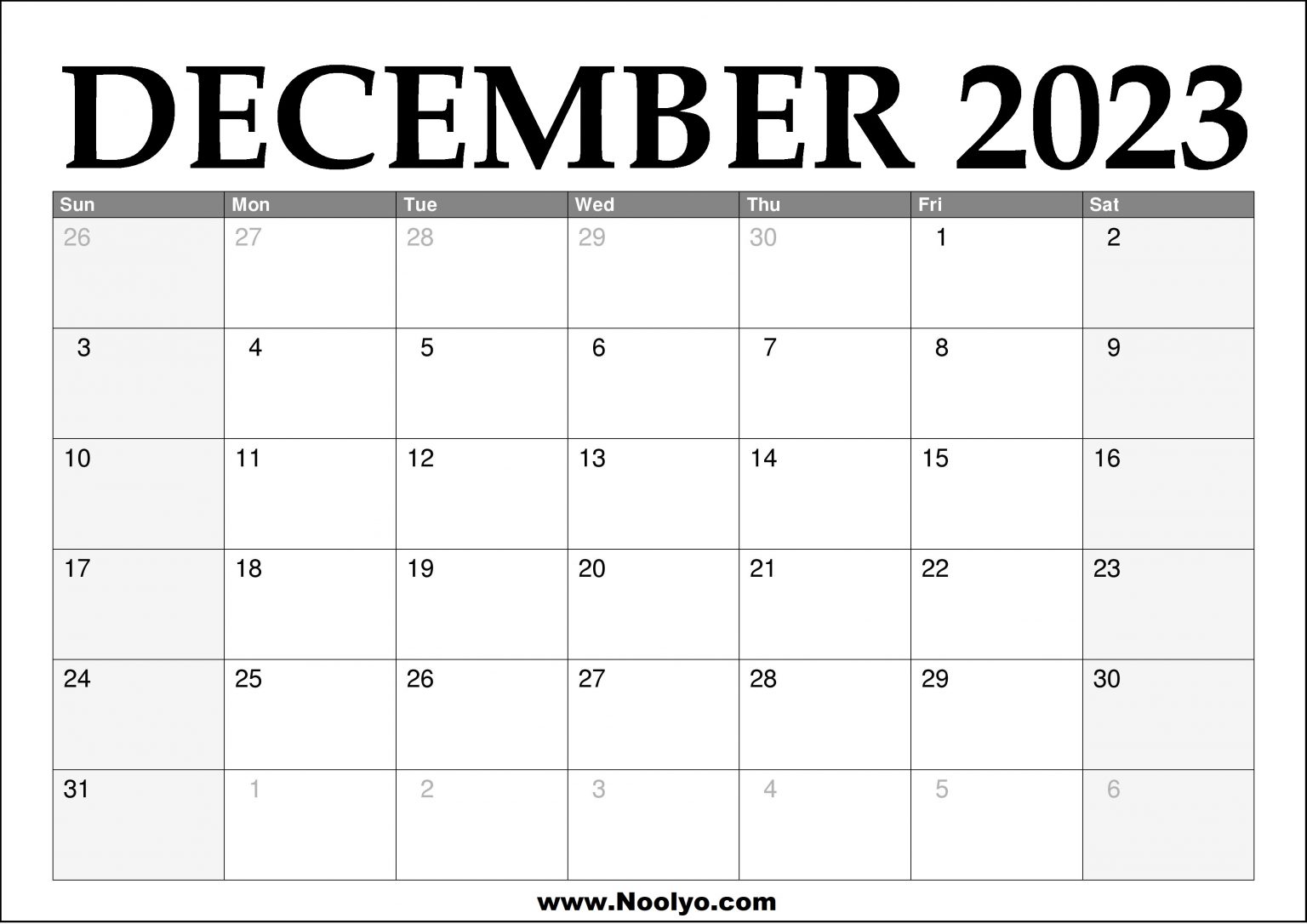 Printable Calendar Template December 2023